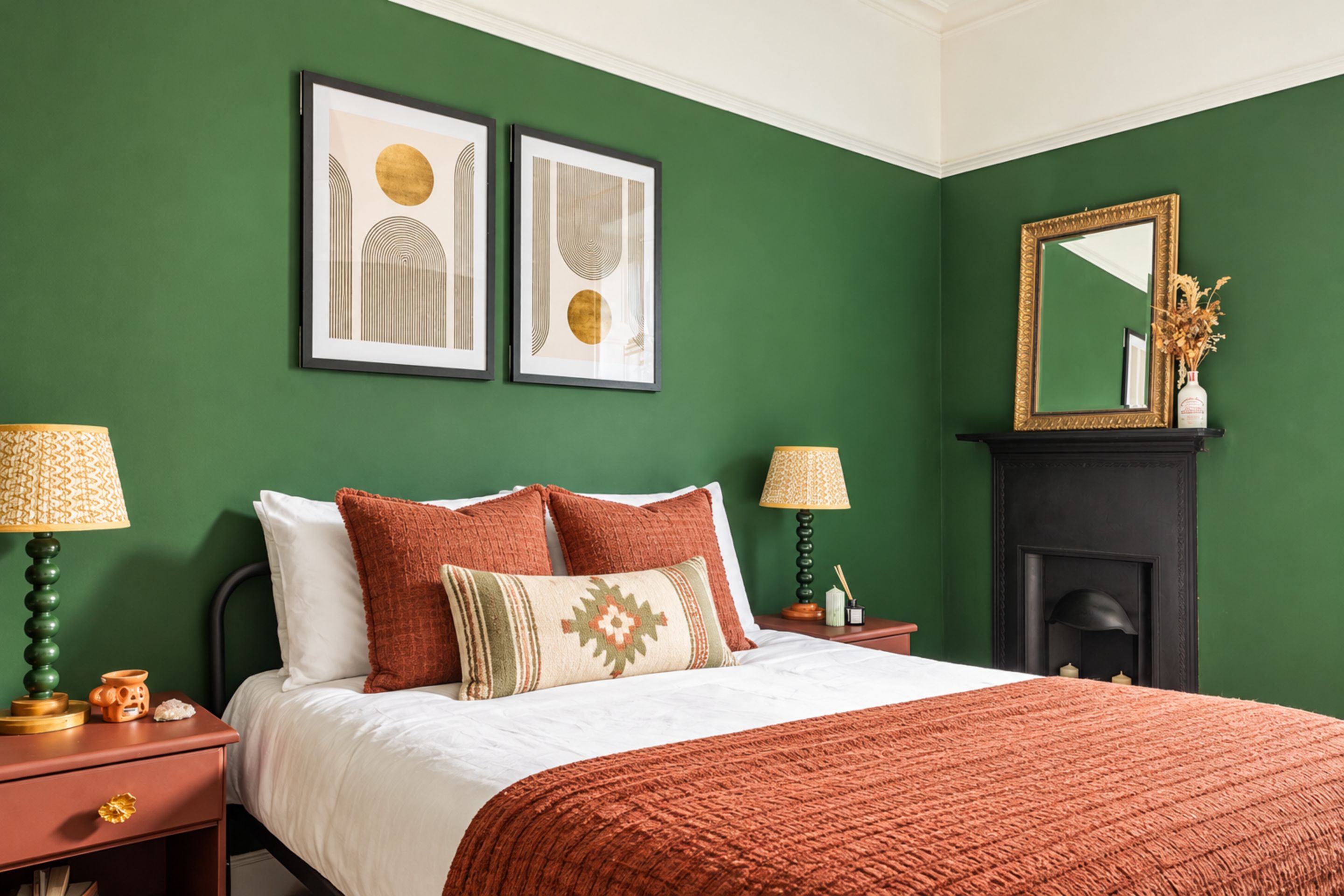 A bedroom with a bed, two bedside tables, a nightstand, a mirror, and a fireplace.