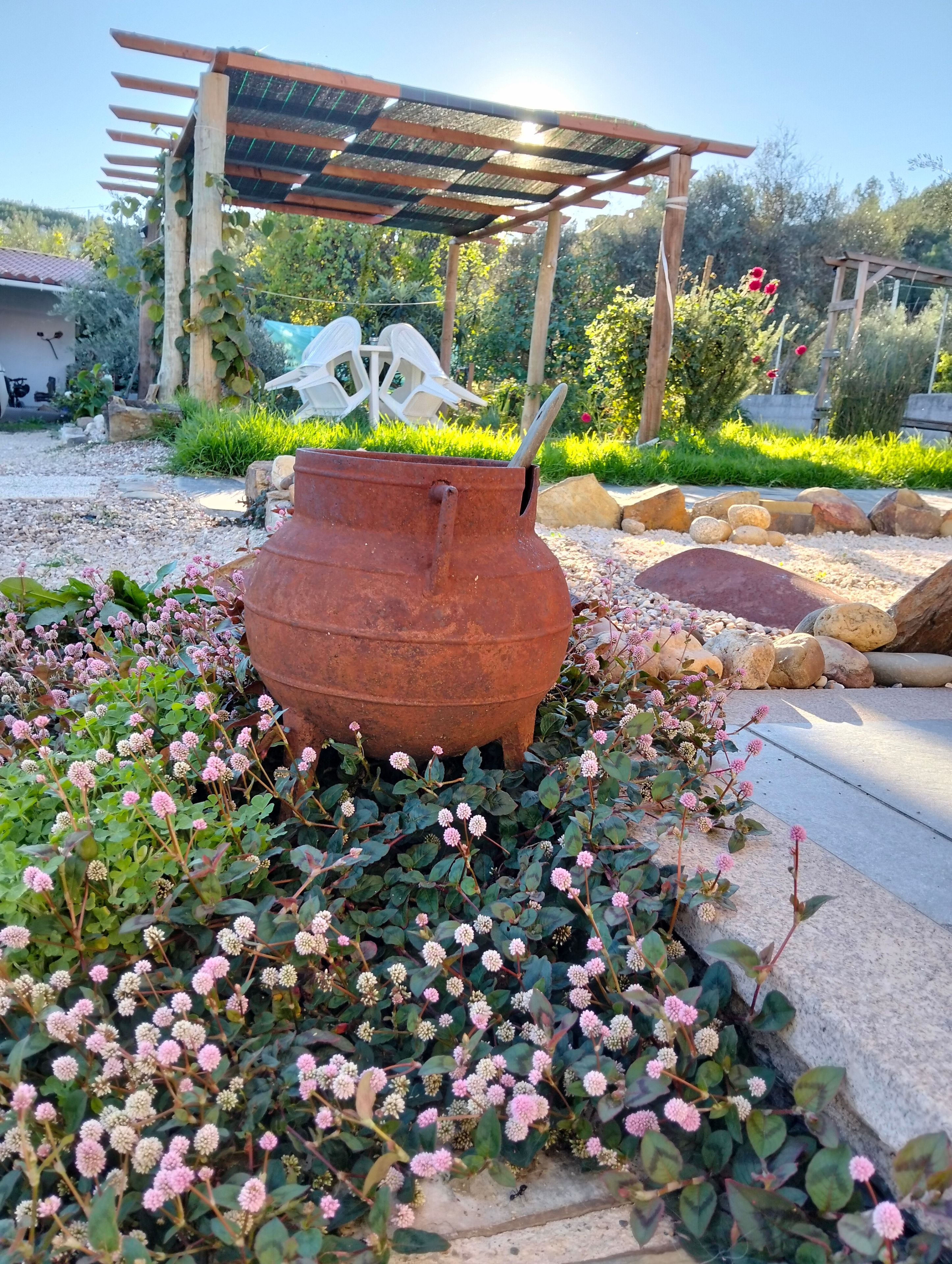Ein Garten mit einem großen Metalltopf, einer Pergola und verschiedenen Pflanzen.