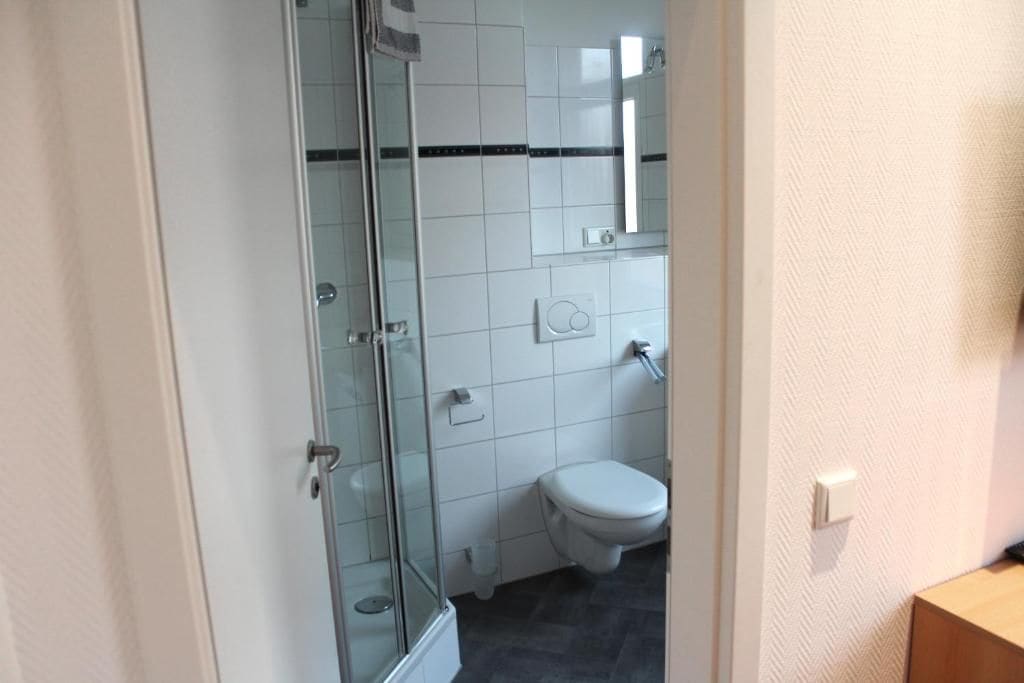 A bathroom with a glass shower enclosure, a white toilet, and a mirror above the sink.