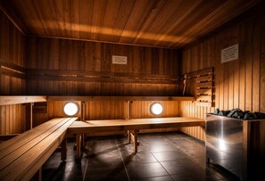 Una sala de sauna con bancos de madera, un calentador de sauna y dos ventanas circulares.