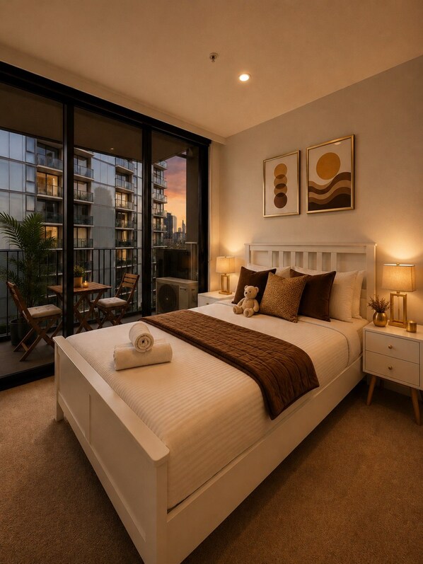 Une chambre avec un grand lit, des tables de chevet, une vue sur le paysage urbain depuis un balcon et des œuvres d’art accrochées au mur.