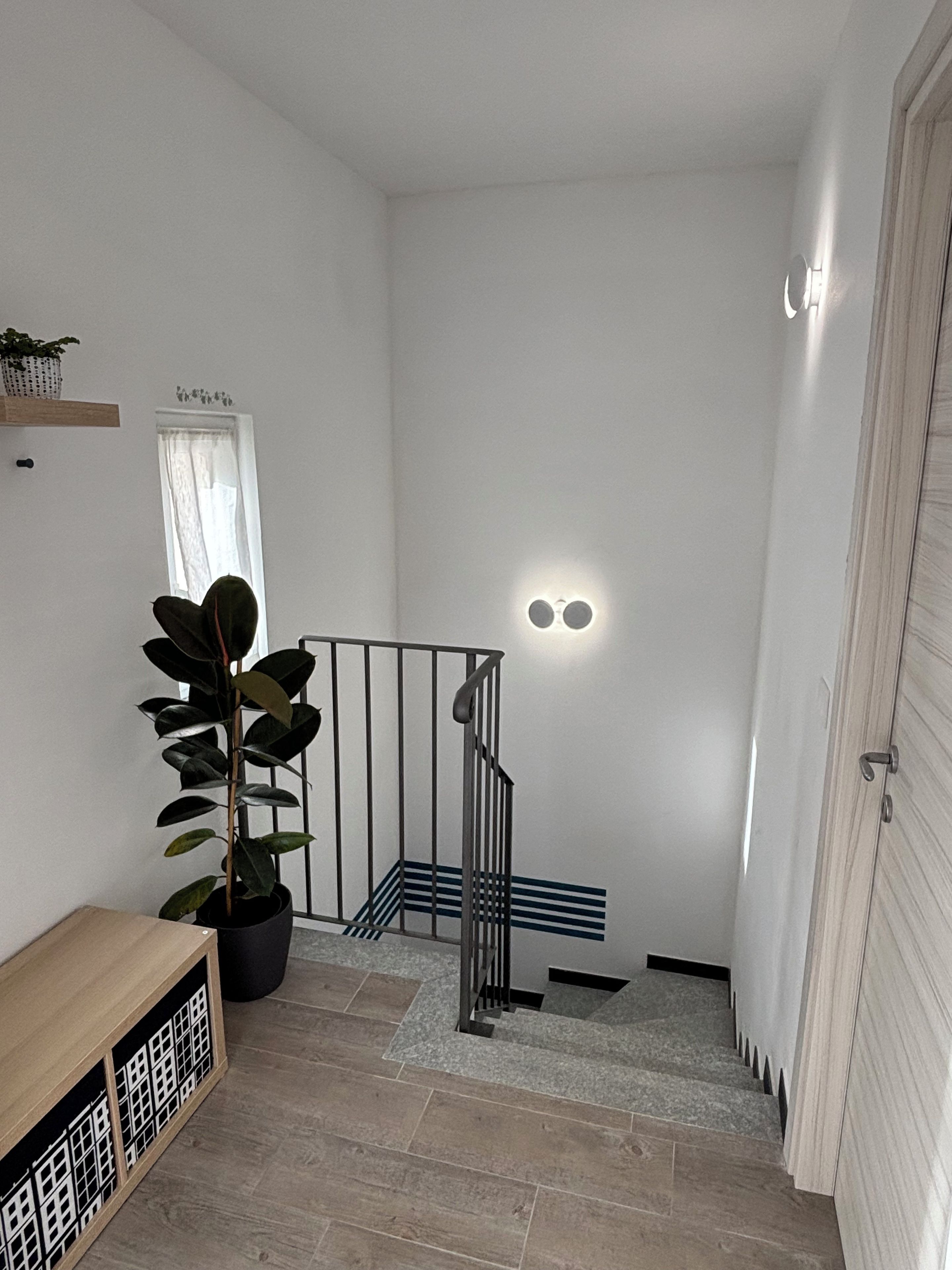 A staircase with a metal railing, a potted plant, and a wooden bench.