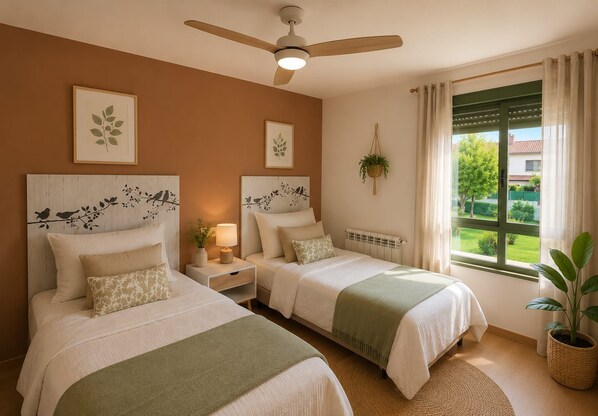 A bedroom with two beds, a ceiling fan, a window with curtains, and a view of greenery outside.