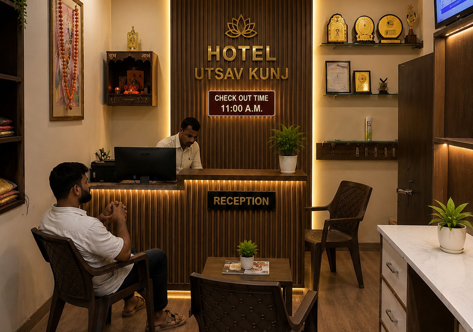 A hotel reception area with a reception desk, a computer, and a sign indicating the check-out time.