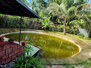 A swimming pool with a brick border, surrounded by lush greenery and palm trees. - Ira Marari (Mararikkulam North)