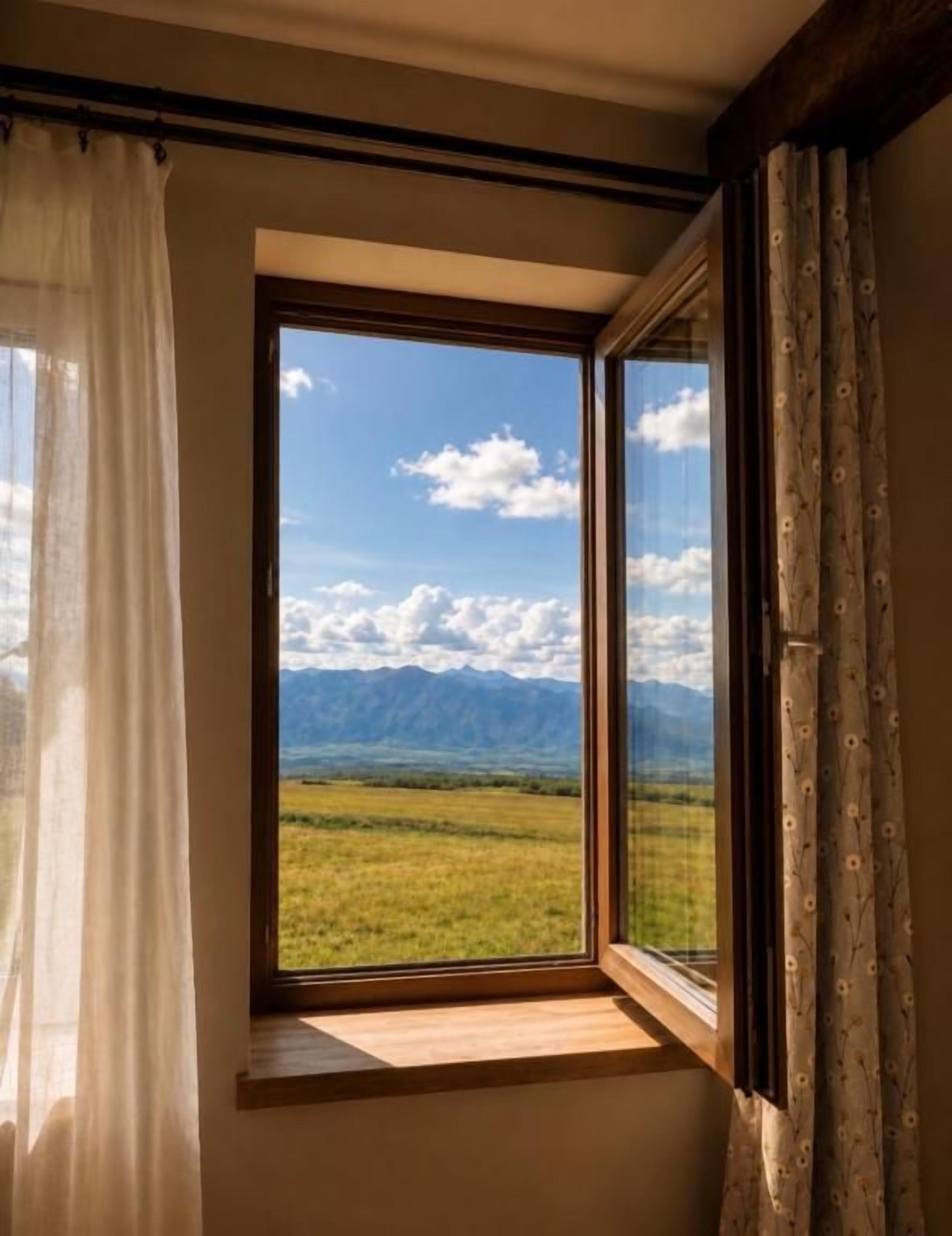 A window with a view of a grassy field and mountains.