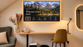 A modern hotel room with a large TV displaying a mountain landscape, a desk with a chair, a small trash bin, and a vase with dried flowers.