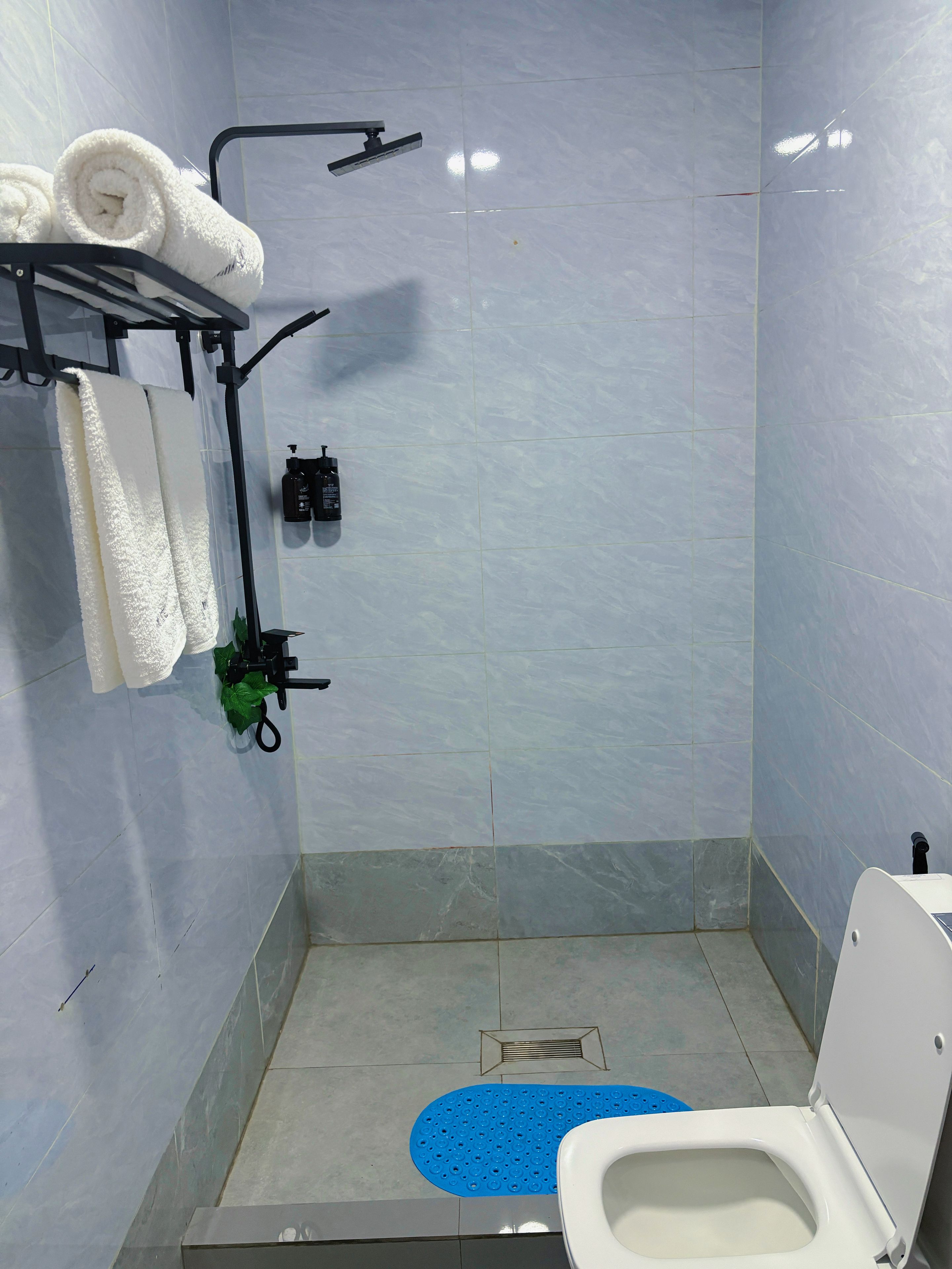 Een badkamer met een douche, toilet en een handdoekrek met handdoeken.