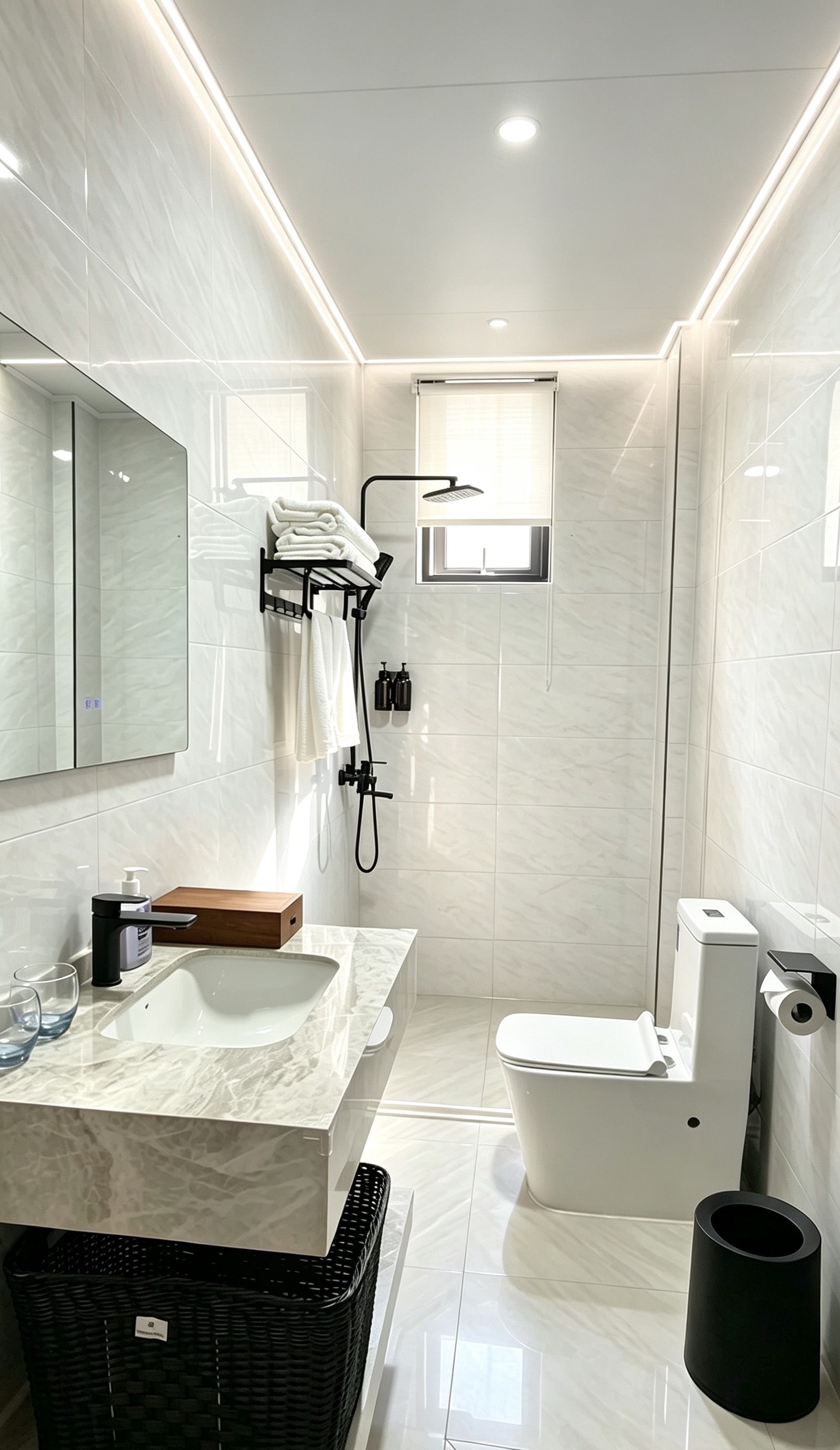 Un baño moderno con un espejo grande, un lavamanos con encimera de mármol, un inodoro y una zona de ducha.