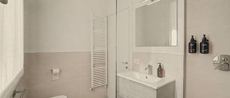 A modern bathroom with a toilet, sink, and mirror.
