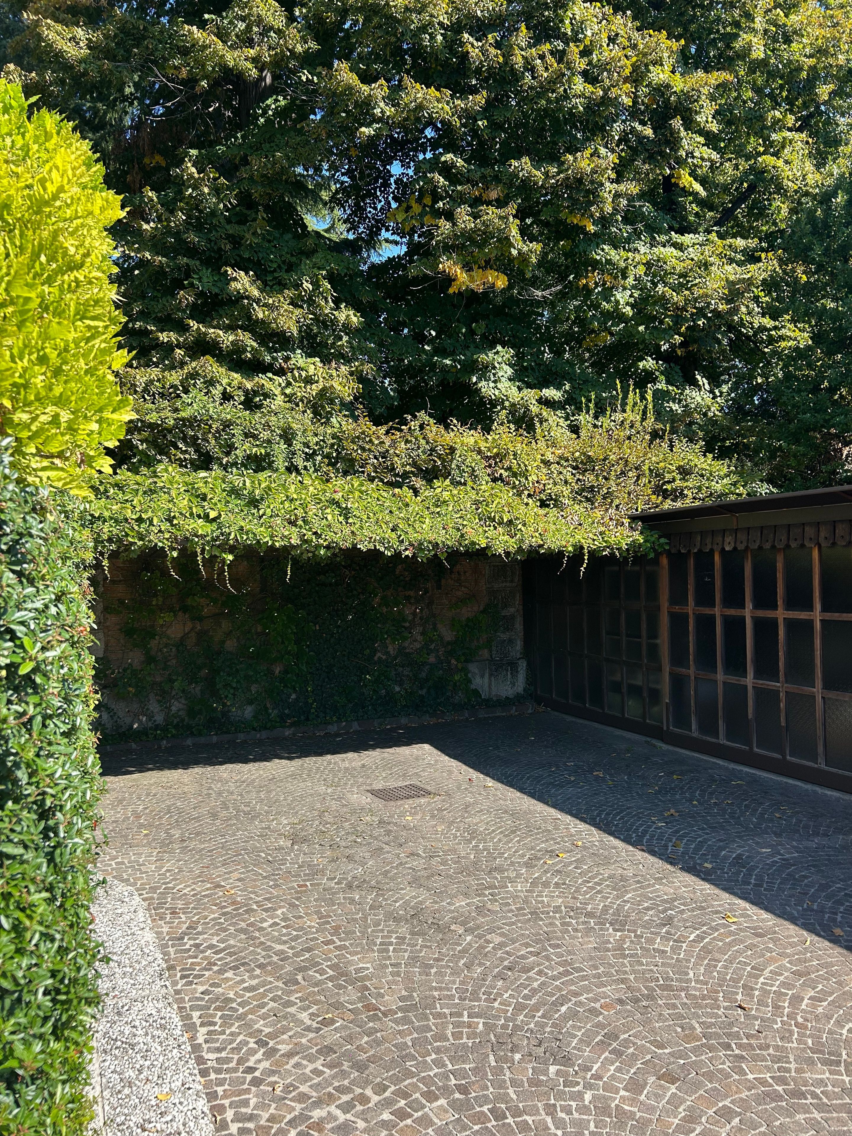 A paved courtyard with a brick pattern, surrounded by greenery and a brick wall.