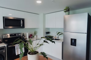 A modern kitchen with stainless steel appliances, white cabinetry, and a potted plant. - Boutique studio in the heart of SJO with panoramic views & parking (San José)
