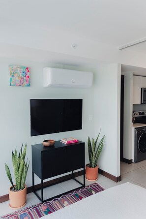 A modern living room with a flat-screen TV, a black entertainment unit, two potted plants, a colorful rug, and a kitchen area in the background. - Boutique studio in the heart of SJO with panoramic views & parking (San José)