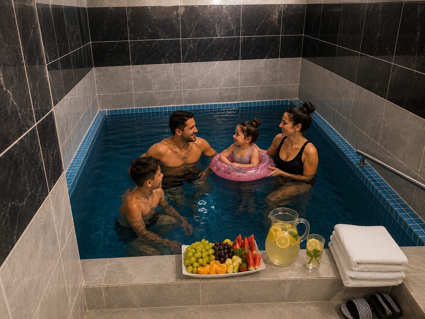 Eine Familie in einer kleinen, gefliesten Whirlpool-Badewanne mit einer Obstplatte und Getränken.