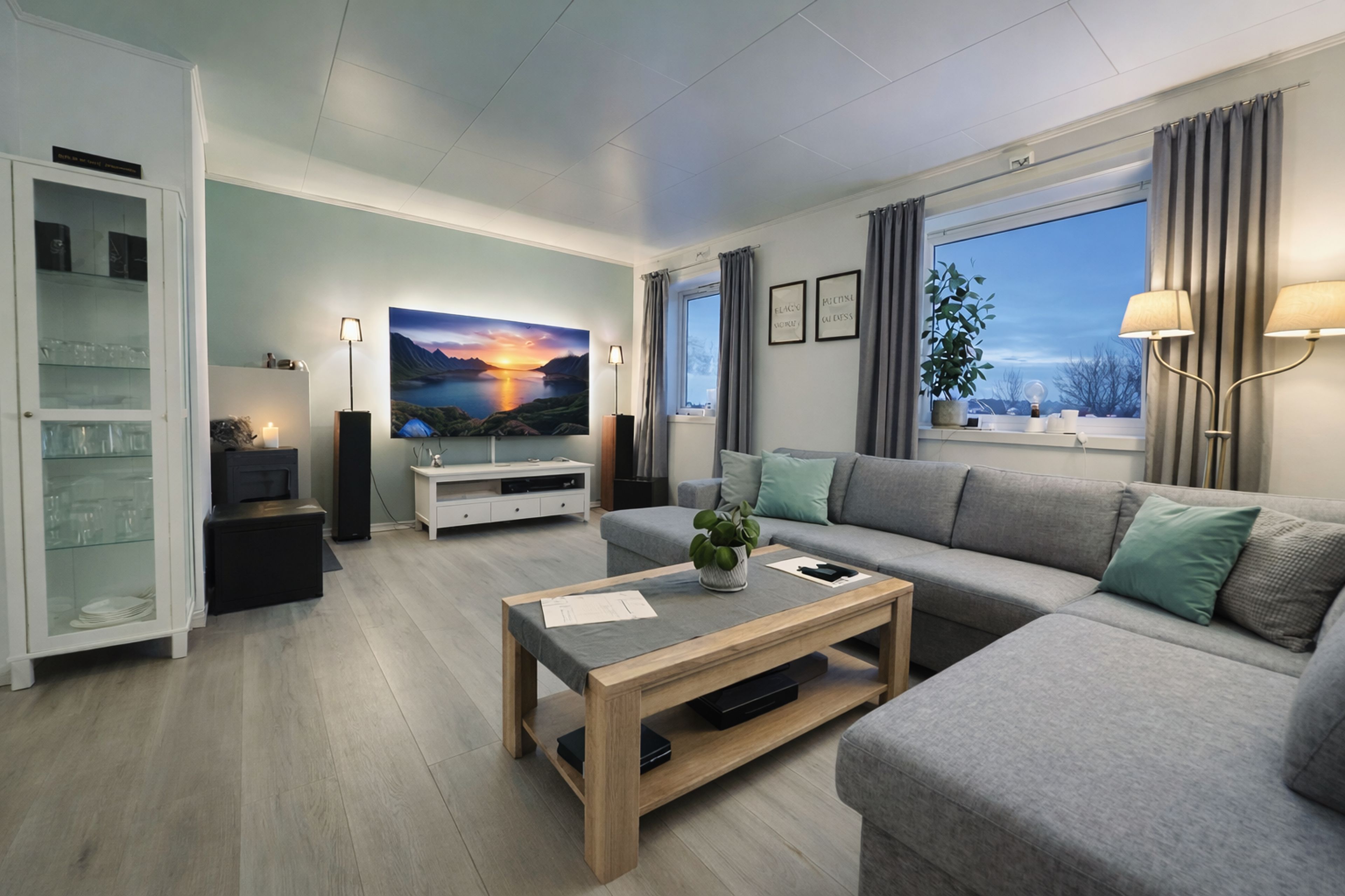 A modern living room with a grey sofa, a wooden coffee table, a flat-screen TV, and a painting of a sunset.