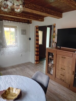 A room with a wooden ceiling, a television on a cabinet, a dining table with a bowl, and a window with curtains.