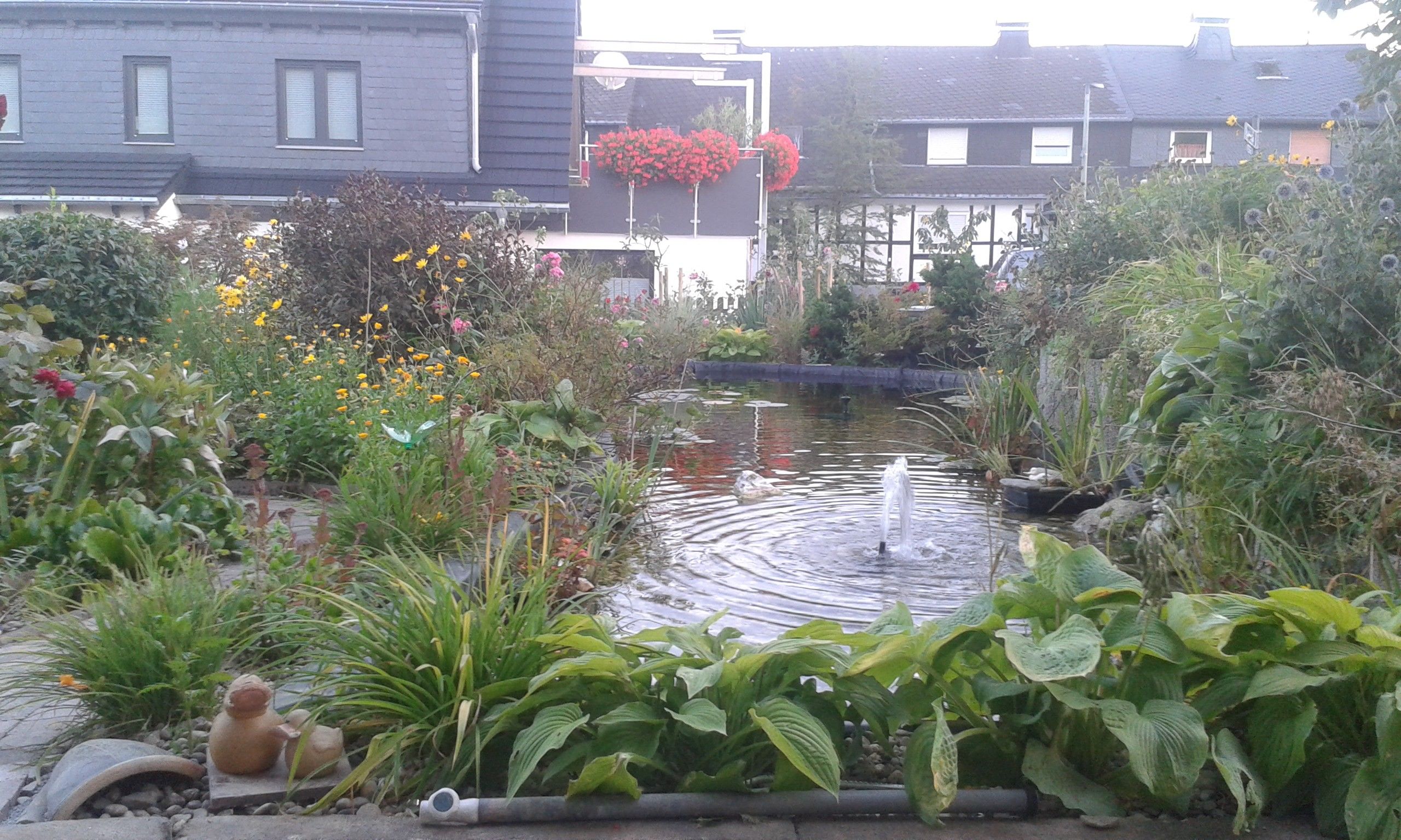 Ein Garten mit Teich, verschiedenen Pflanzen und einem kleinen Springbrunnen.