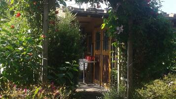Un sendero de jardín que conduce a la entrada de un edificio, rodeado de macetas con plantas y una pérgola cubierta de enredaderas.