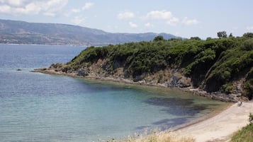 Eine Küstenlandschaft mit freiem Blick auf das Meer, einem Sandstrand und einer Wiese, die zum Wasser führt.