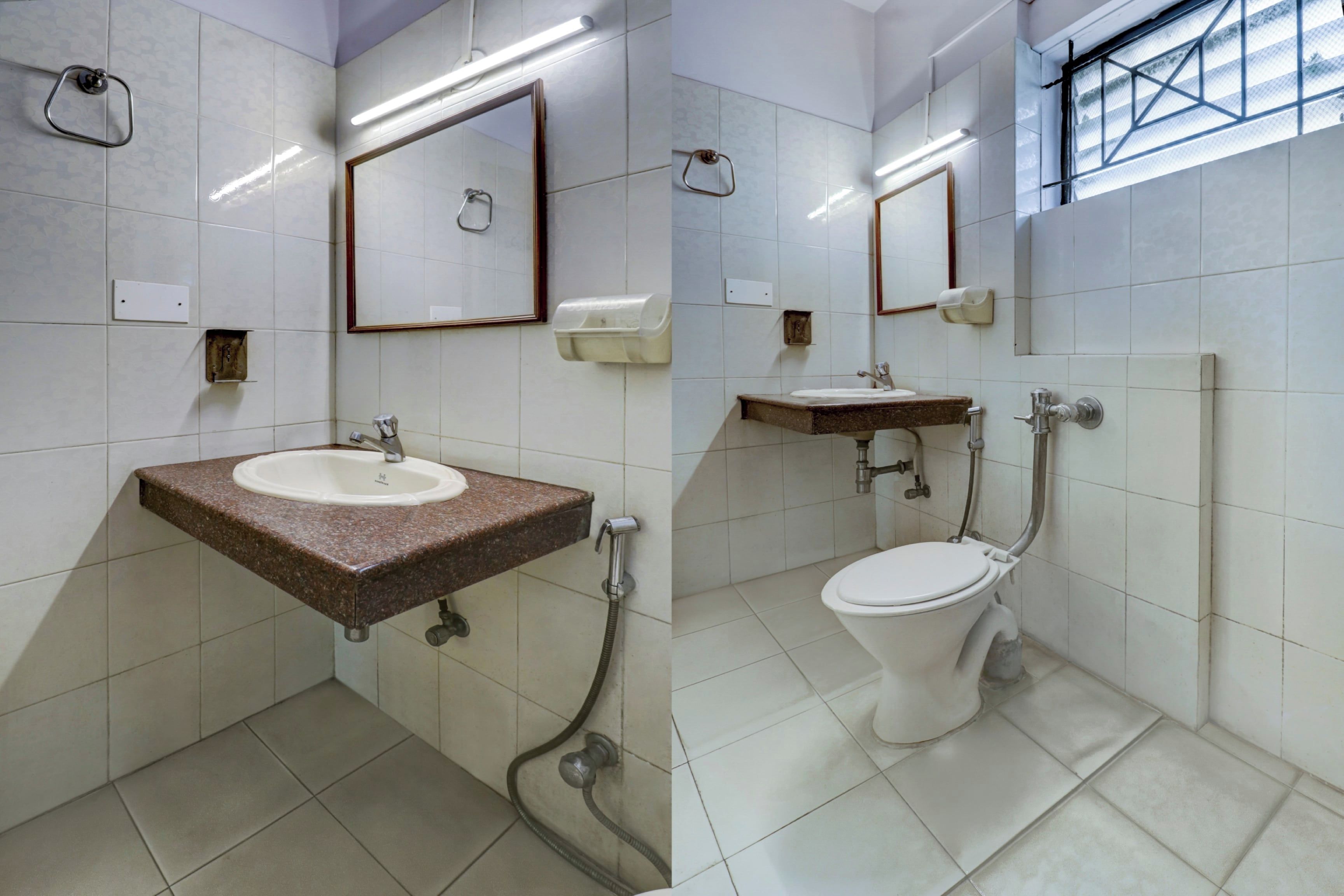 Een openbaar toilet met een wastafel, toilet en spiegels.