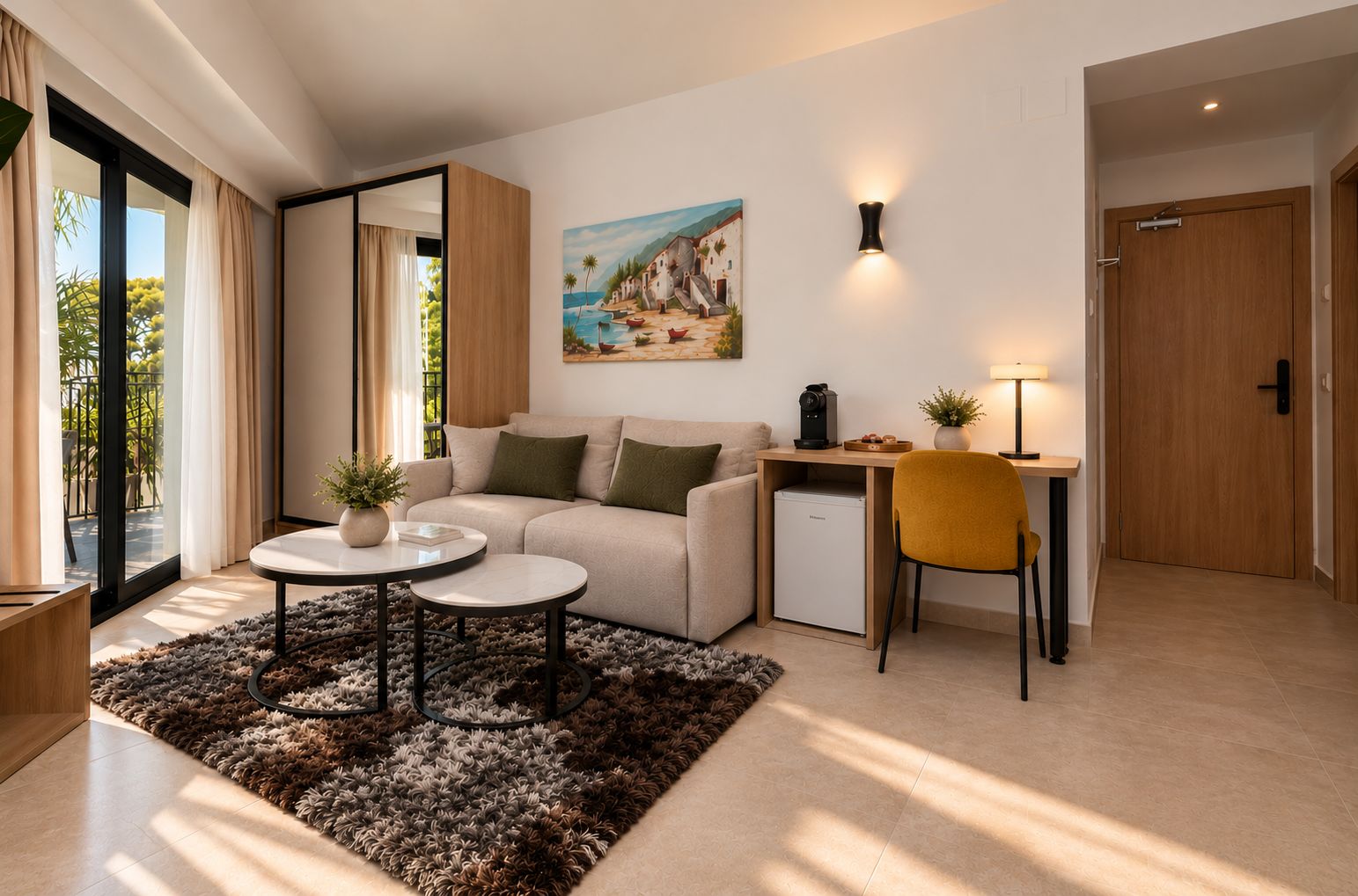 Una sala de estar moderna con sofá, mesa de centro y escritorio con silla. Hay un cuadro en la pared, una planta pequeña y una puerta.