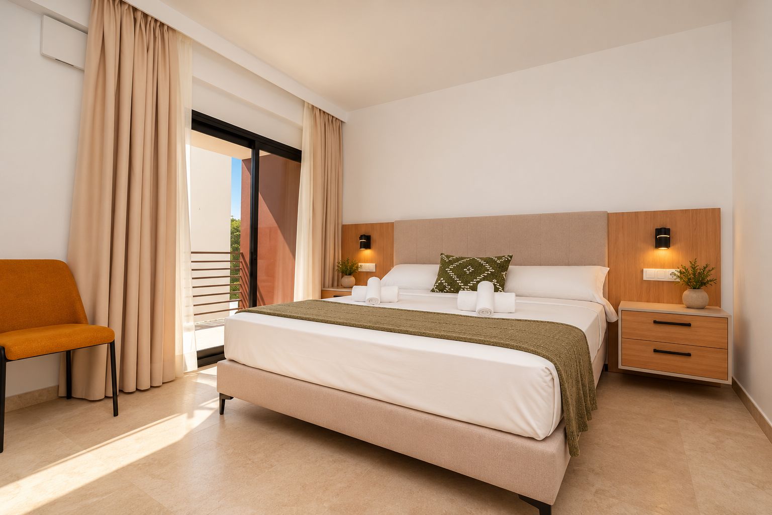 Habitación de hotel moderna con una cama grande, una silla, una mesita de noche y vistas al exterior.
