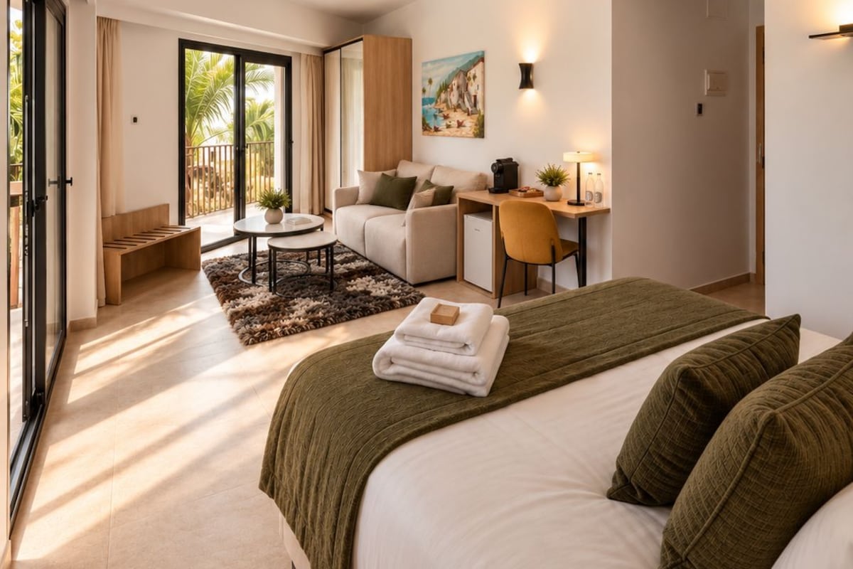 A modern bedroom with a large bed, a desk, and a seating area.