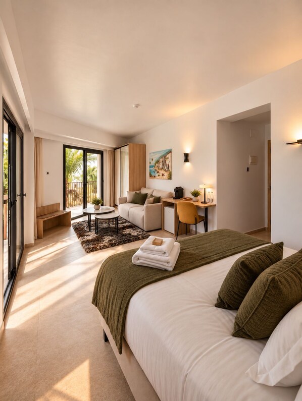 A modern bedroom with a large bed, a desk, and a seating area.