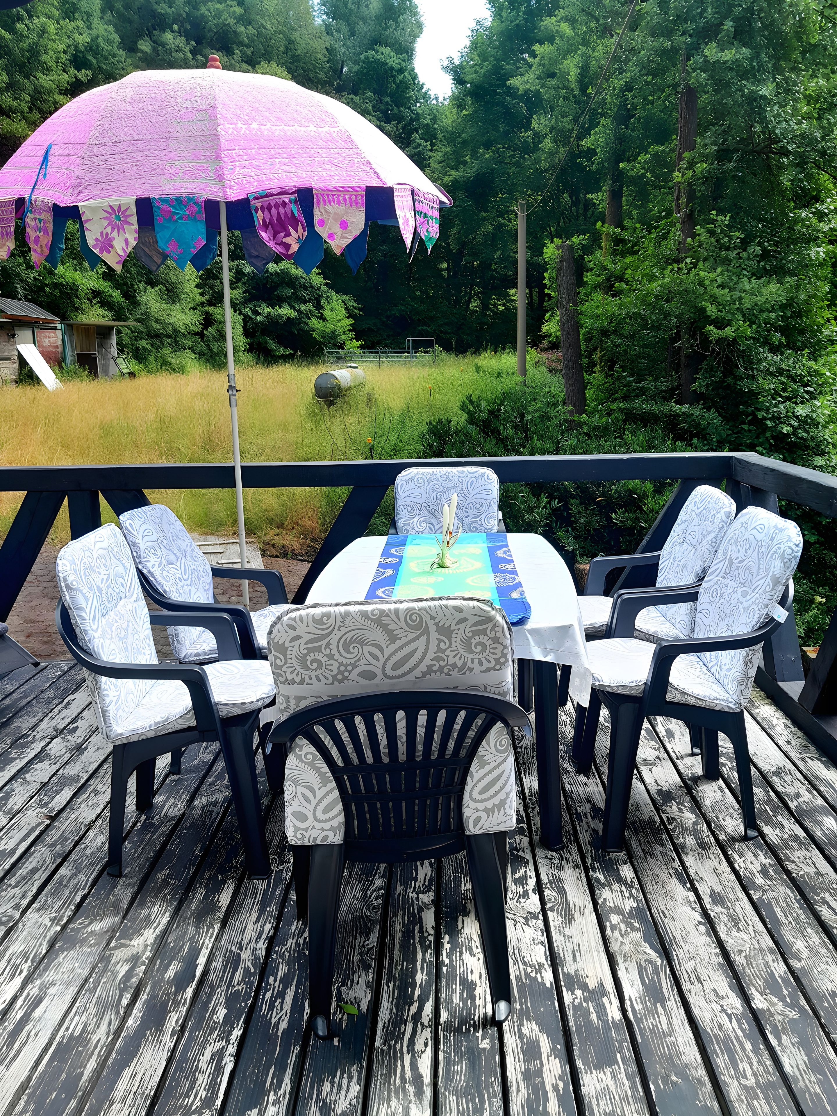 Een terras buiten met een tafel en stoelen, een paarse parasol en uitzicht op een grasveld met bomen.