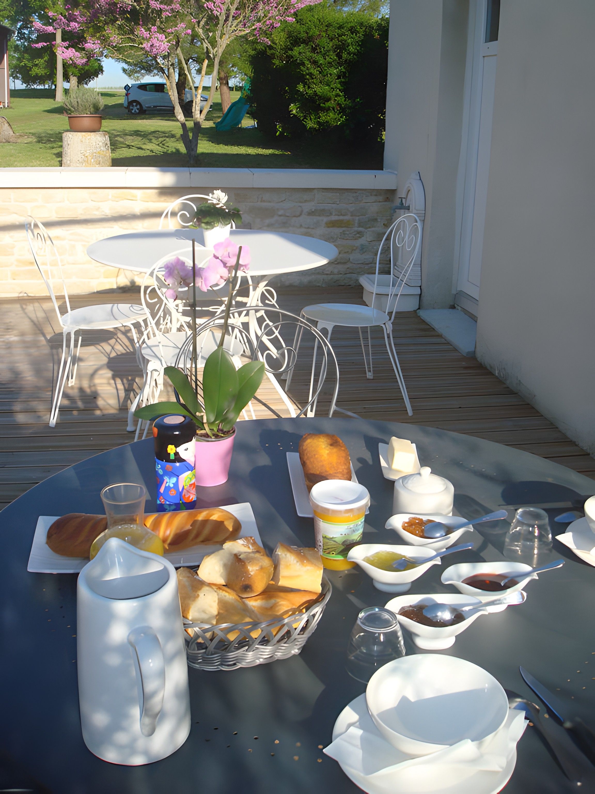 Une table dressée à l’extérieur, avec une variété de plats, une cafetière et une plante en pot.