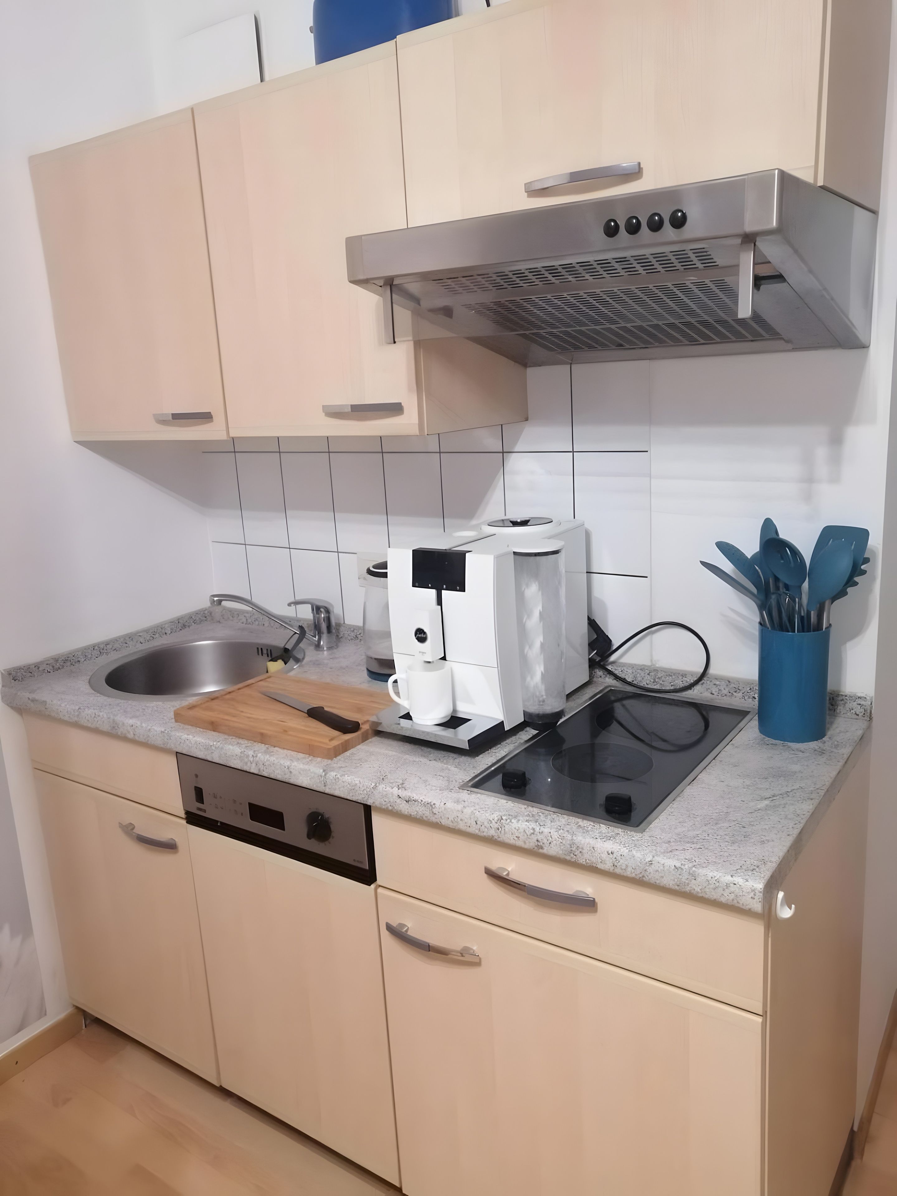 Una cocina equipada con lavavajillas, estufa, cafetera y pileta.