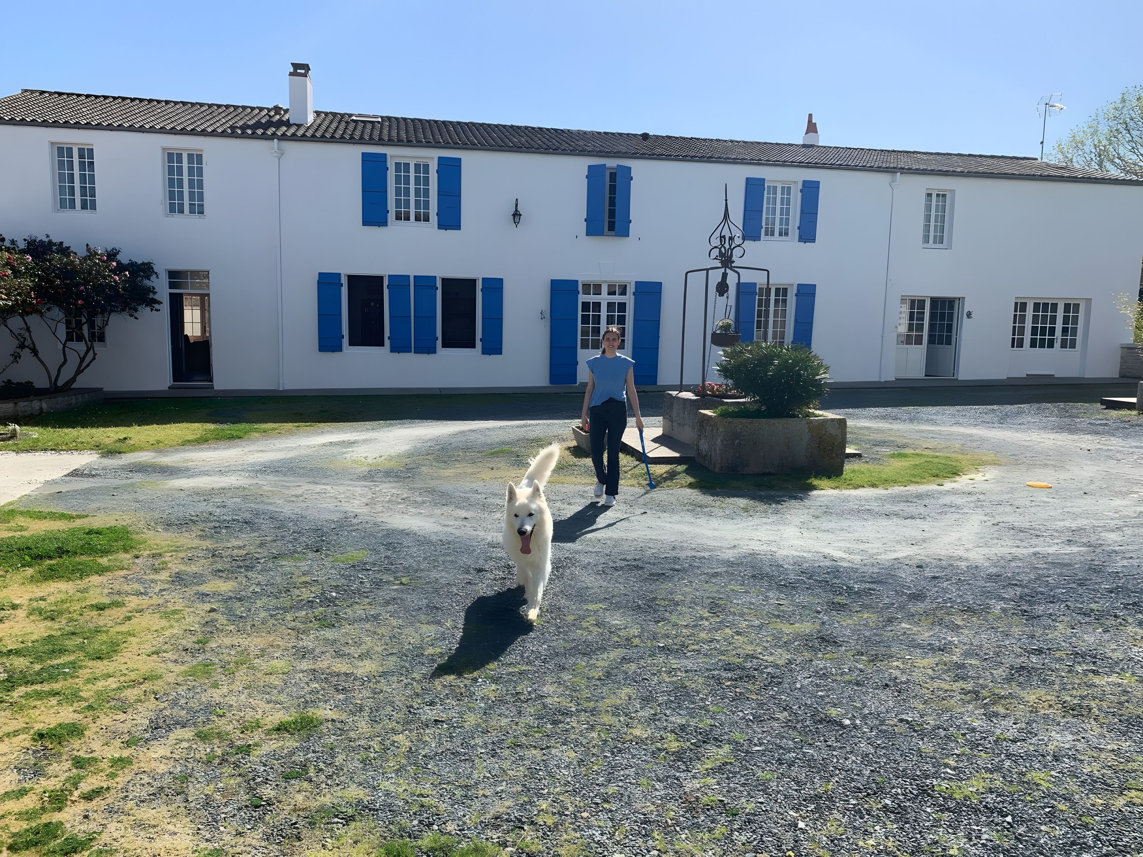 Une personne promène un chien sur un chemin de gravier devant un bâtiment blanc aux volets bleus.