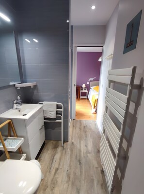 Ein modernes Badezimmer mit Toilette, Waschbecken und Spiegel. Ein Holzboden und ein Heizkörper sind an der Wand angebracht.