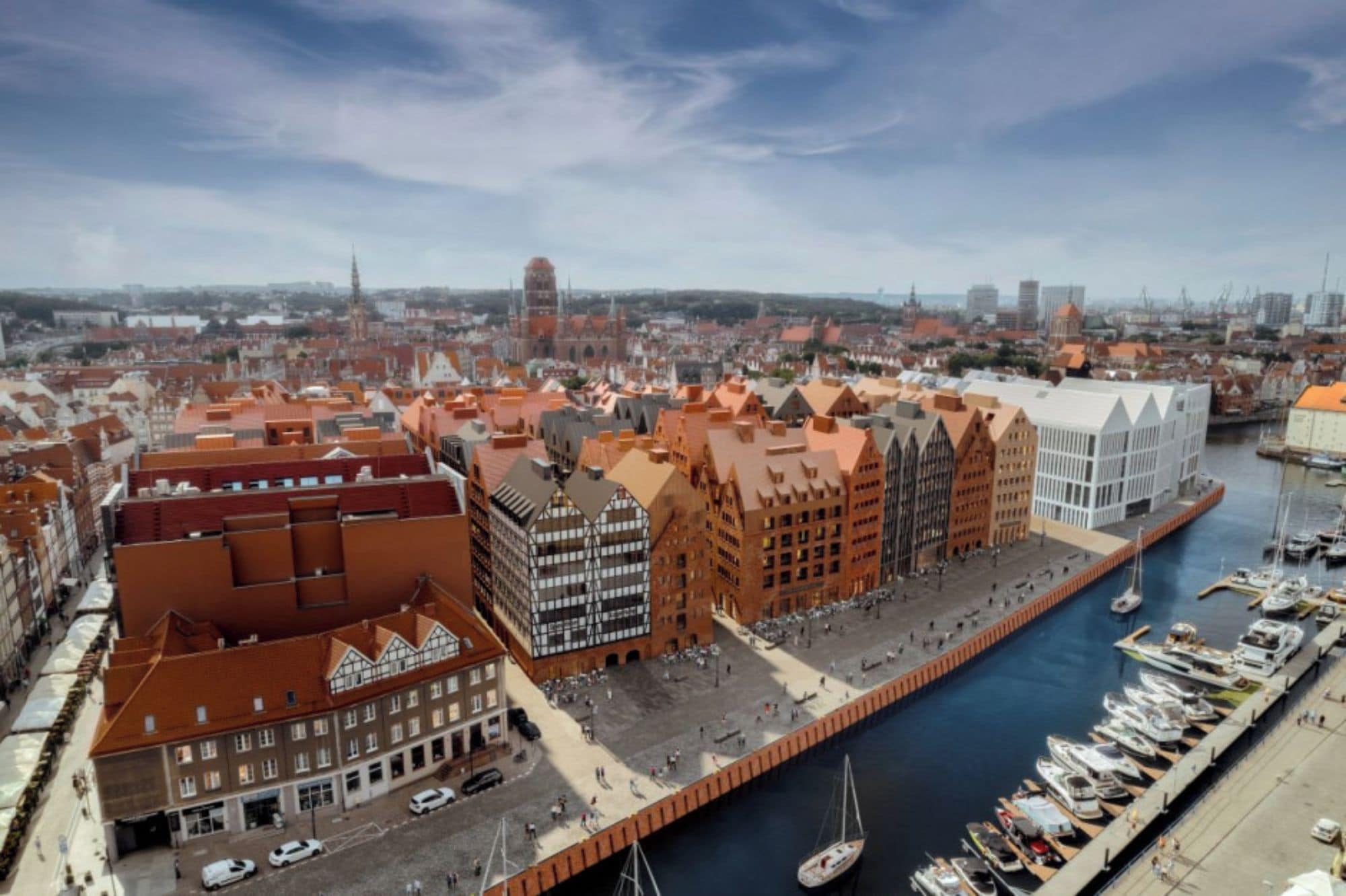 A cityscape with a river, historic buildings, and a modern structure.