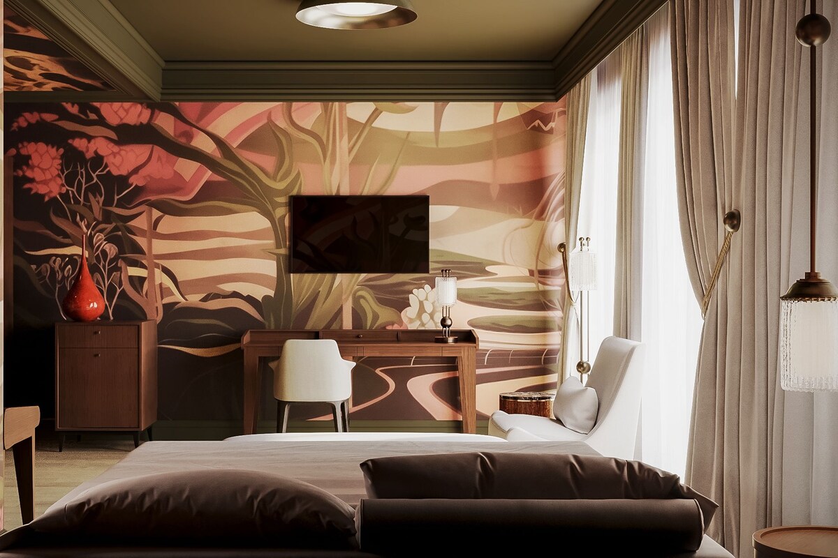 A hotel room with a bed, a desk, a chair, a TV, and a large window with curtains.