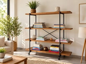 A three-tiered wooden bookshelf with books and decorative items, positioned in a well-lit room with a sofa and a potted plant. - Holiday Home 'Cozy House with Outdoor Area' with Mountain View, Private Terrace and Wi-Fi (Anduze)