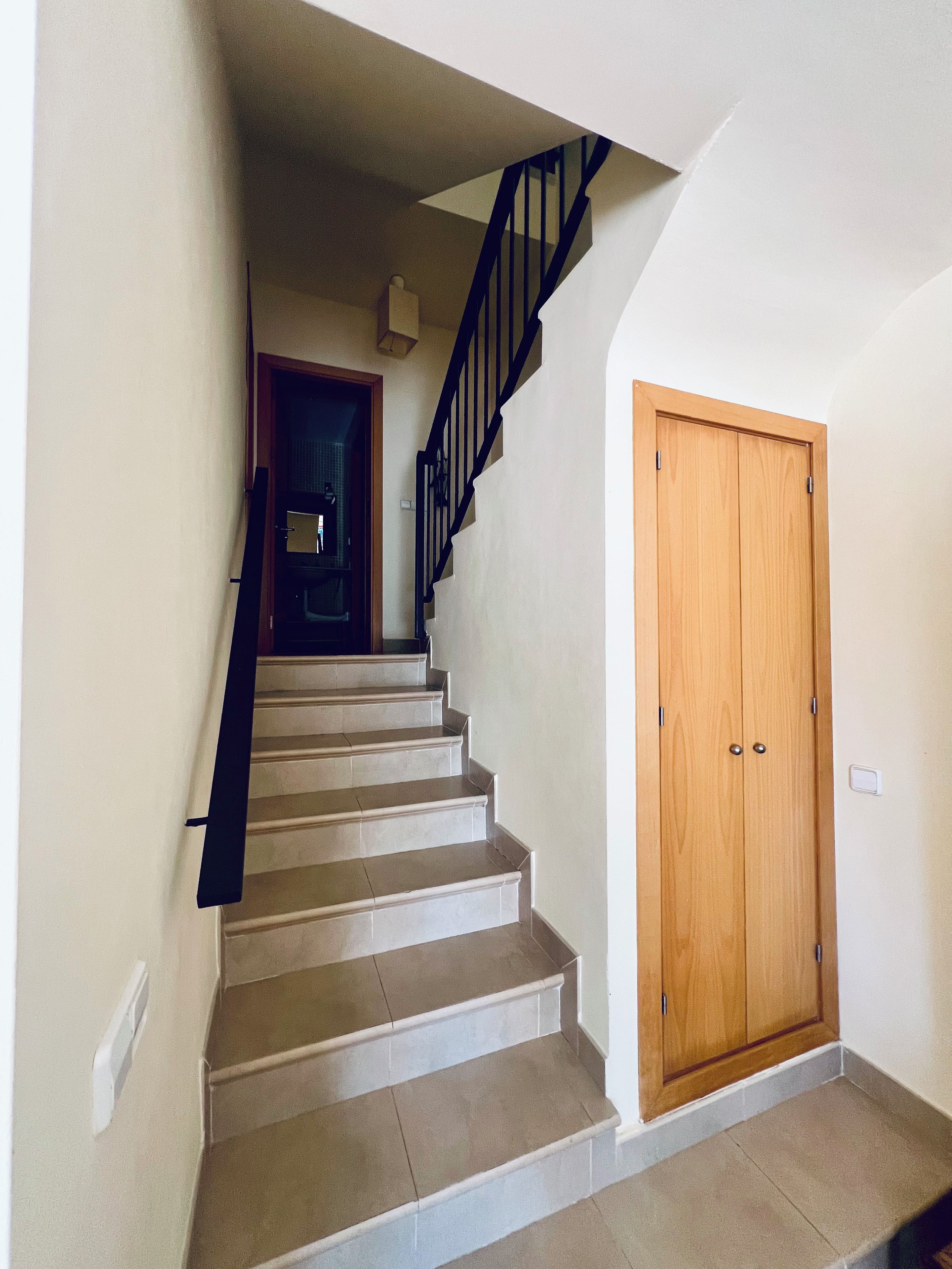 A staircase with a wooden door at the bottom and a dark railing.