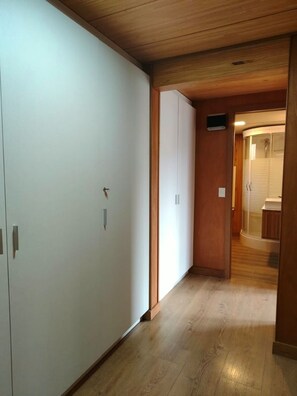 A hallway with wooden flooring, white wardrobes, and a glass-enclosed shower area. - Apartment "Plaza Sarmiento" I—Centrally Located with a Beautiful View (San Martín de los Andes)