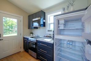 A modern kitchen with a built-in oven, a refrigerator with an ice maker, and a window with a view of trees. - 1 Mi to Floyd Country Store: Cozy Mtn Cottage (Floyd)