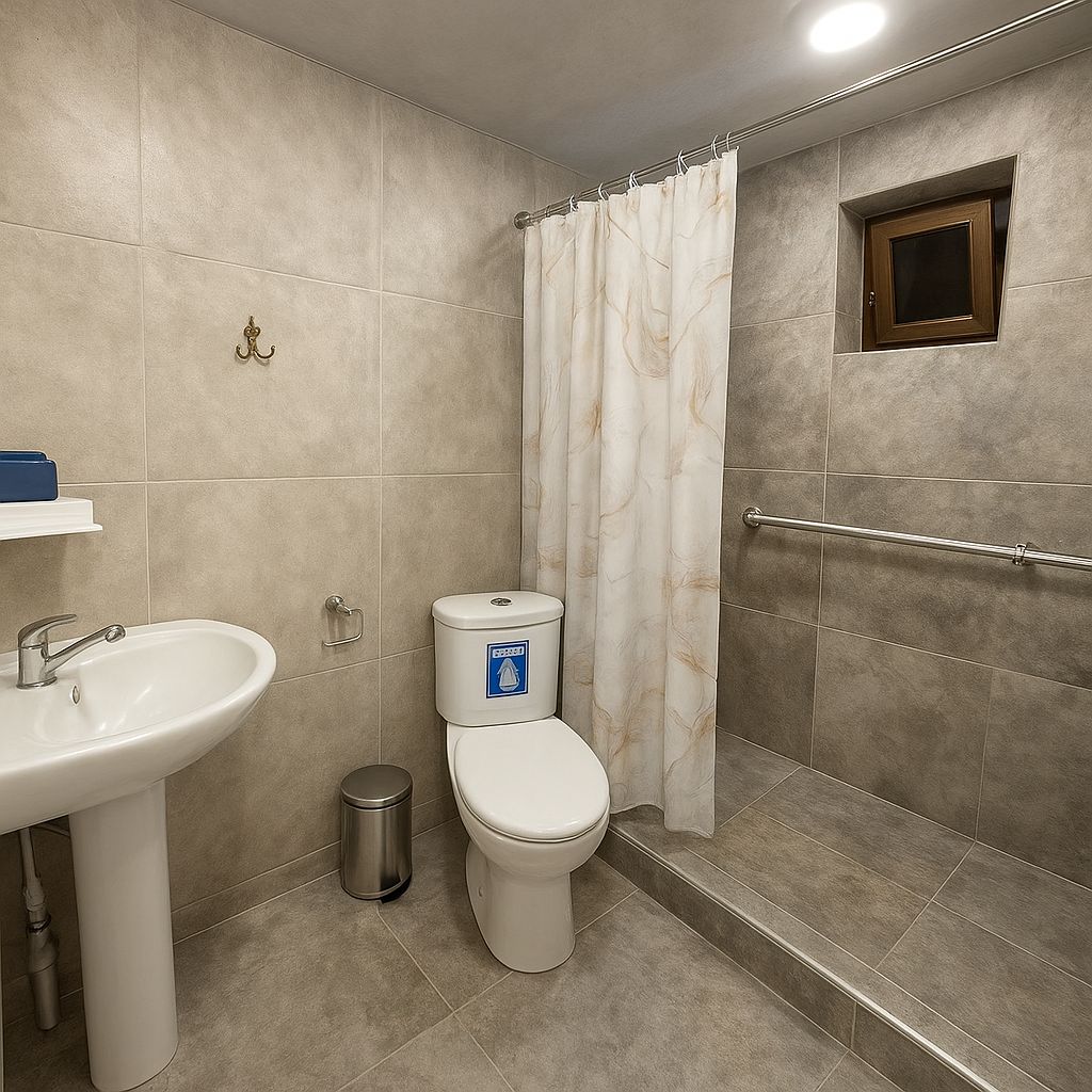 A bathroom with a sink, toilet, and shower curtain.