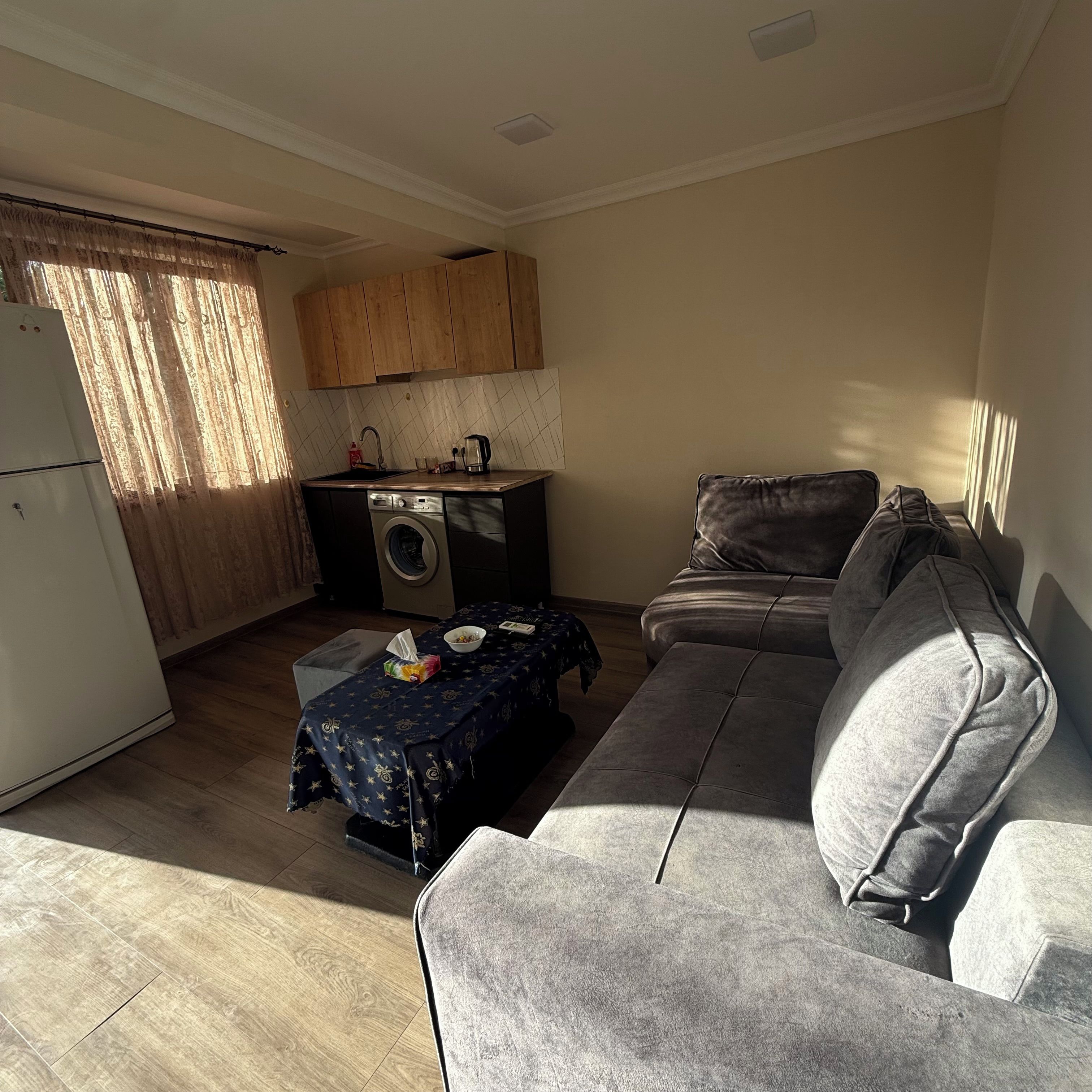 A compact living space with a kitchenette, a washing machine, a sofa, and a table with a tablecloth.