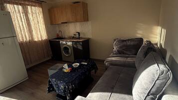 A compact living space with a kitchenette, a washing machine, a sofa, and a table with a tablecloth.