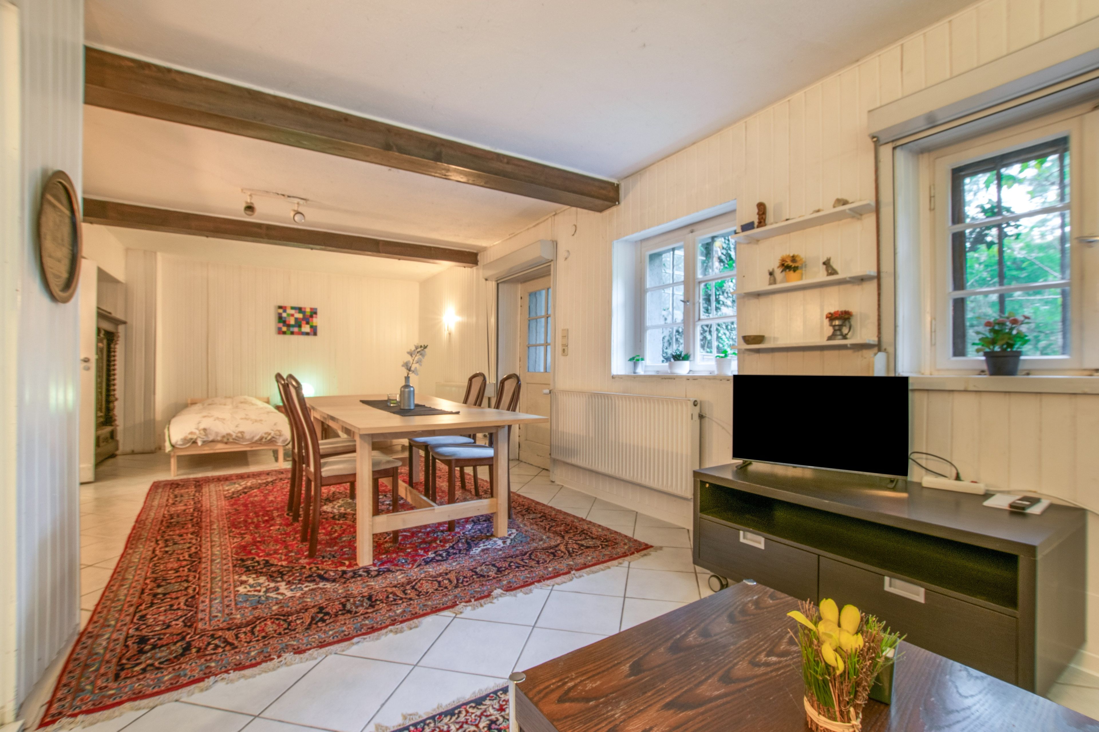 Ein Zimmer mit Esstisch, Stühlen, Fernseher, Heizkörper und einem Fenster mit Regalen.