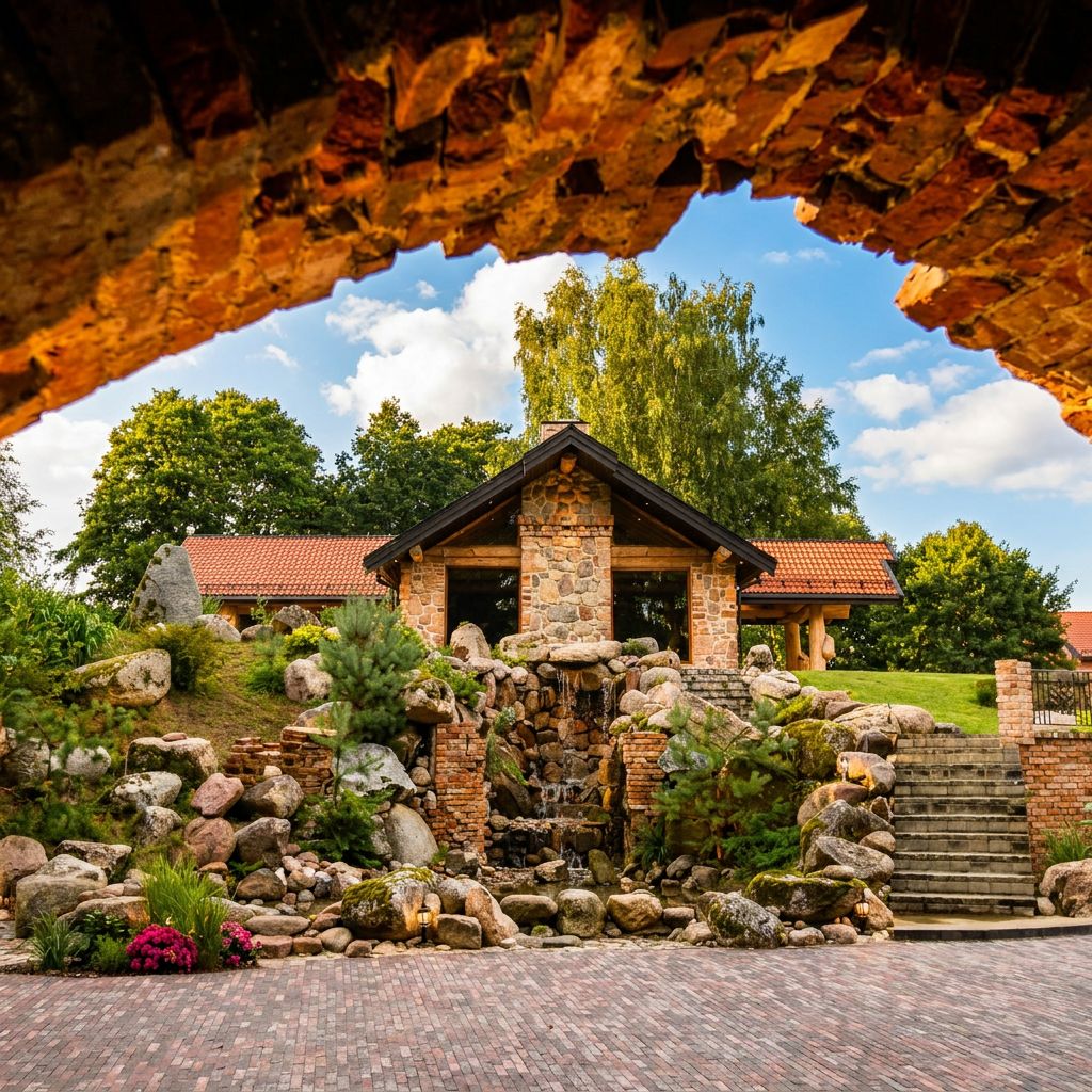 Un bâtiment en pierre surmonté d’un toit de tuiles rouges, entouré d’un jardin aménagé avec des rochers et une cascade.