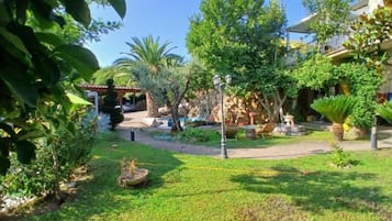 Ein gepflegter Garten mit verschiedenen Pflanzen und einem gepflasterten Weg.