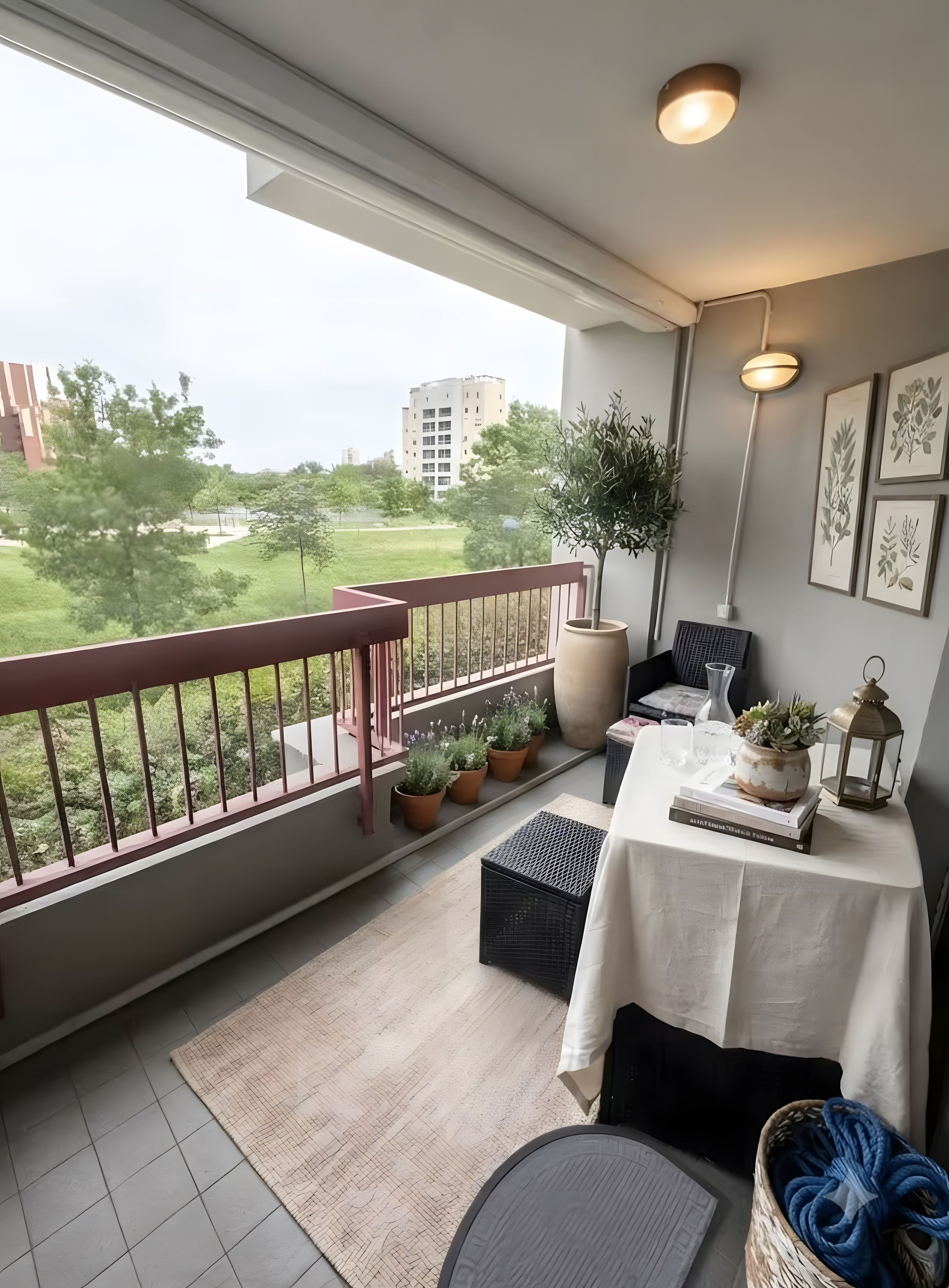 Un balcon donnant sur un parc et des immeubles, une table avec une plante, une lanterne et des tableaux encadrés au mur.