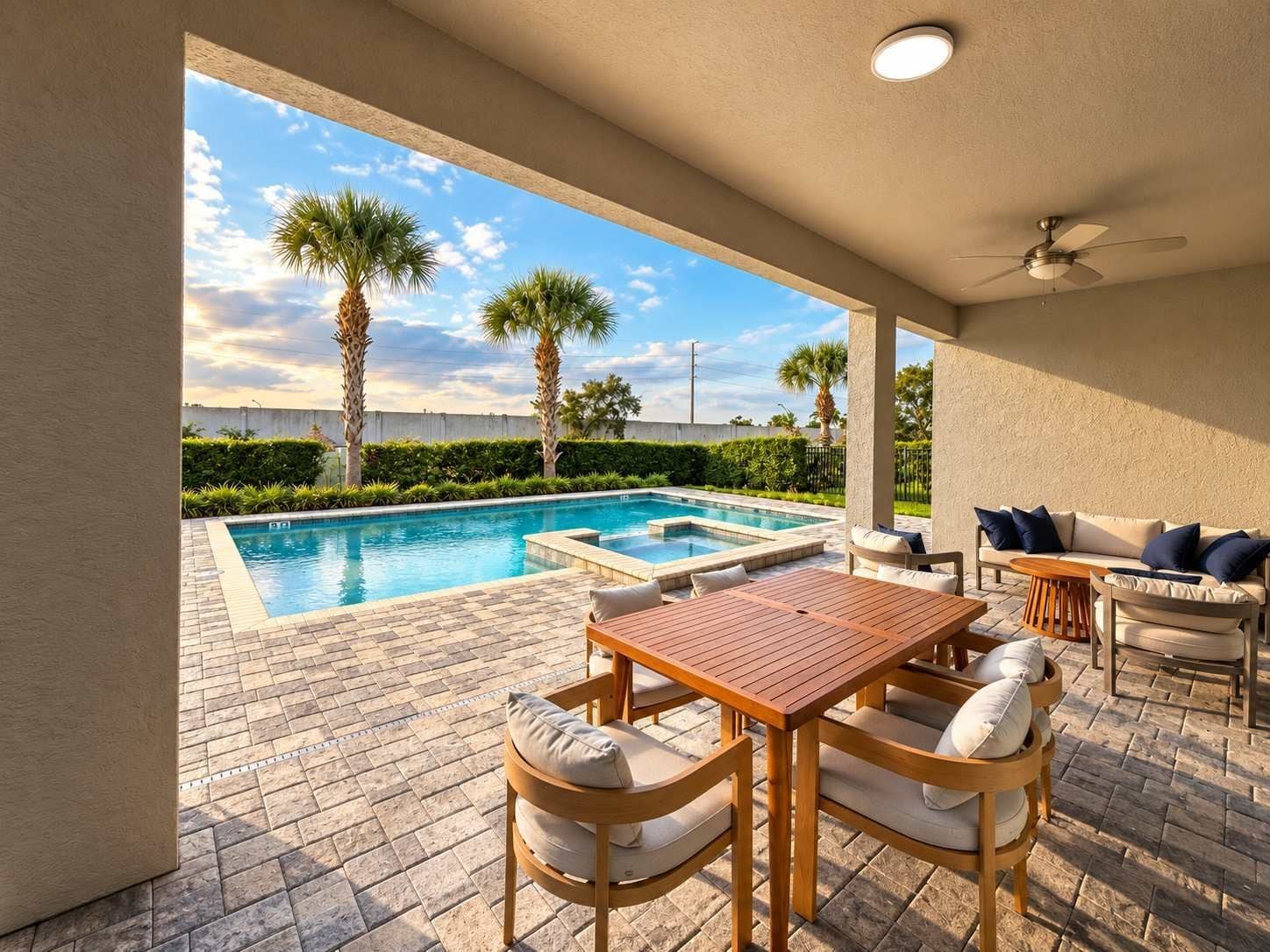 A poolside area with a table and chairs, a sofa, and a ceiling fan.