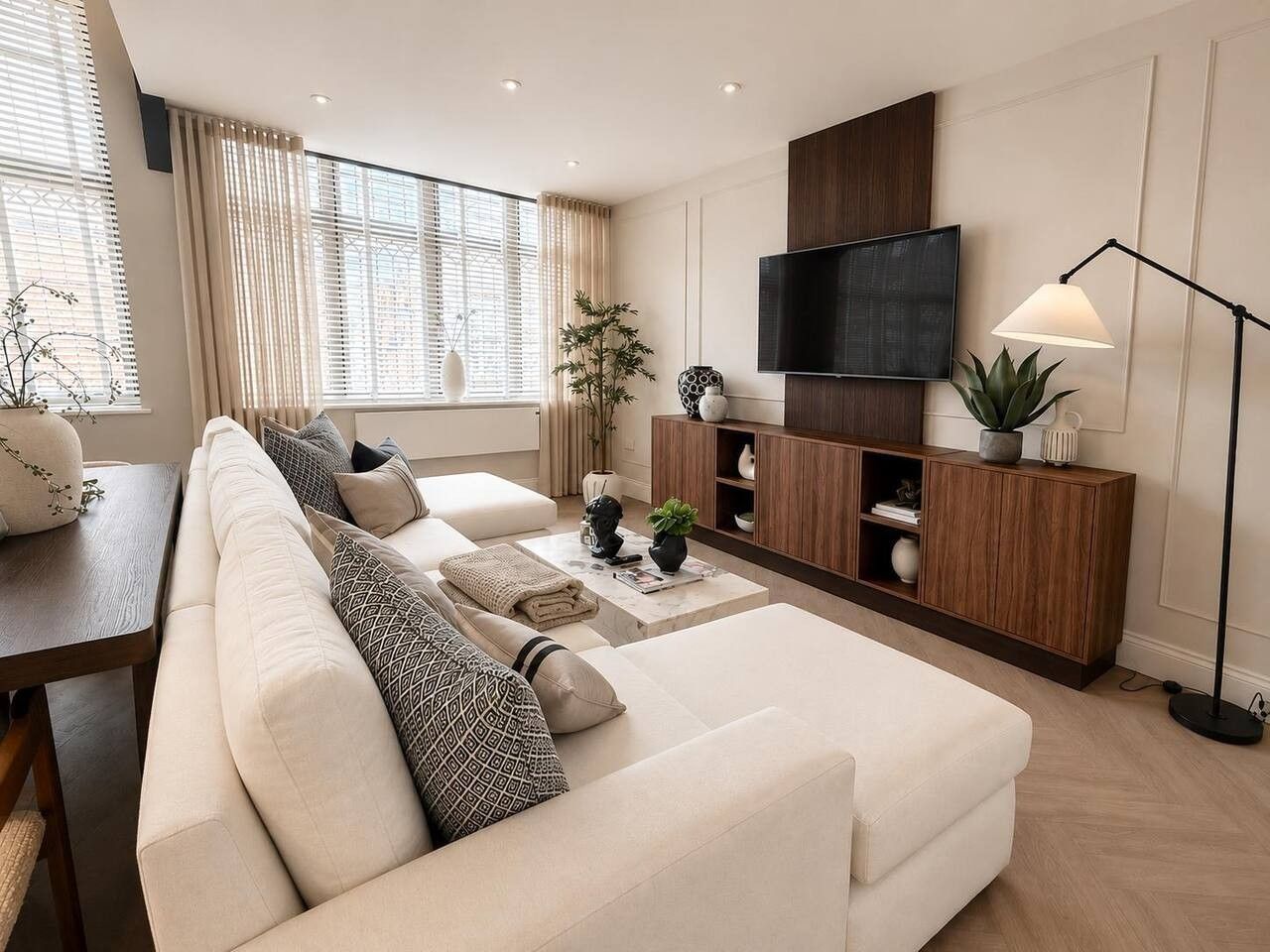 A modern living room with a large sofa, a flat-screen TV, a wooden cabinet, and a floor lamp.