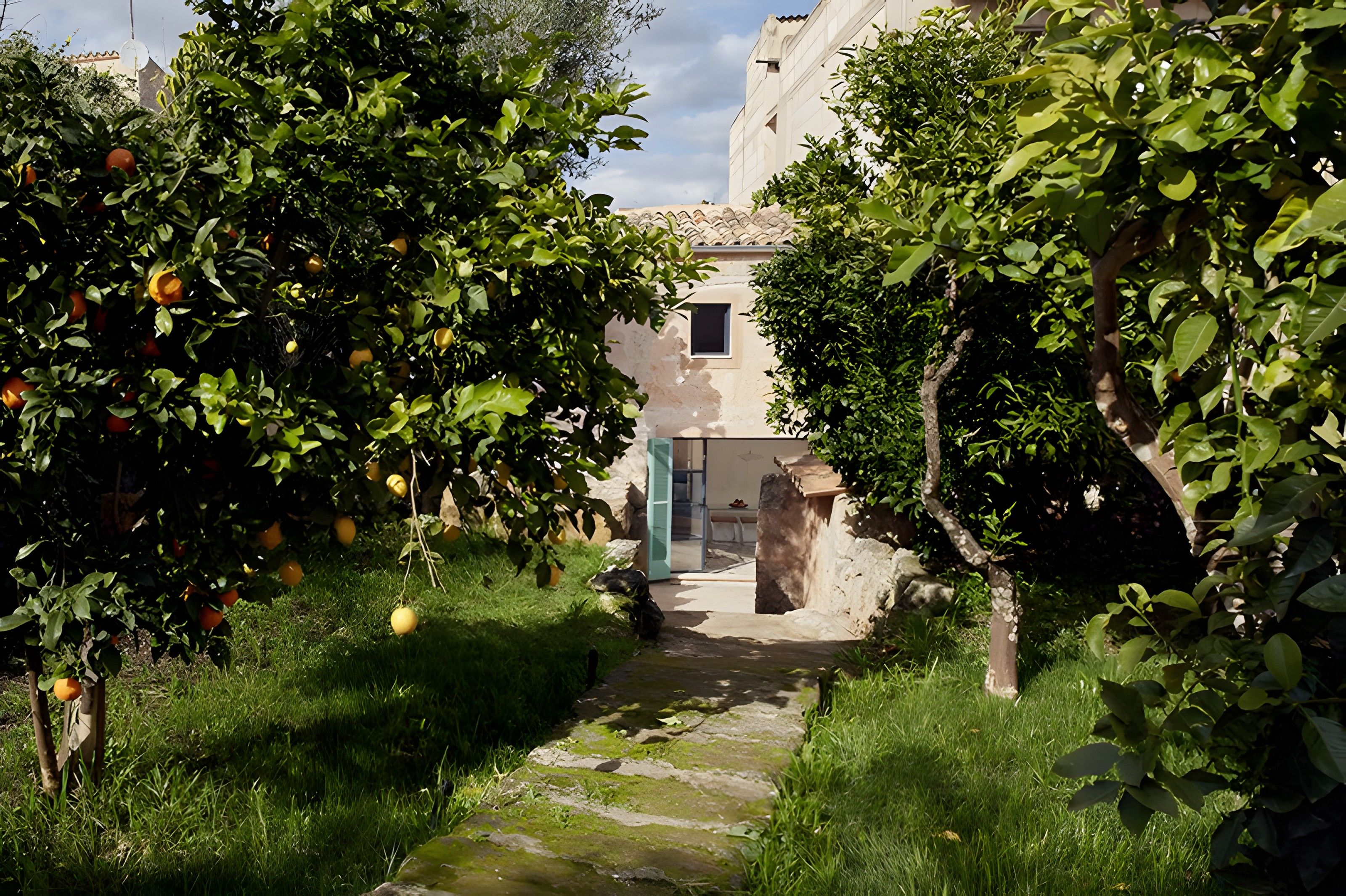 Un sendero conduce a un edificio rodeado de vegetación exuberante y árboles frutales.