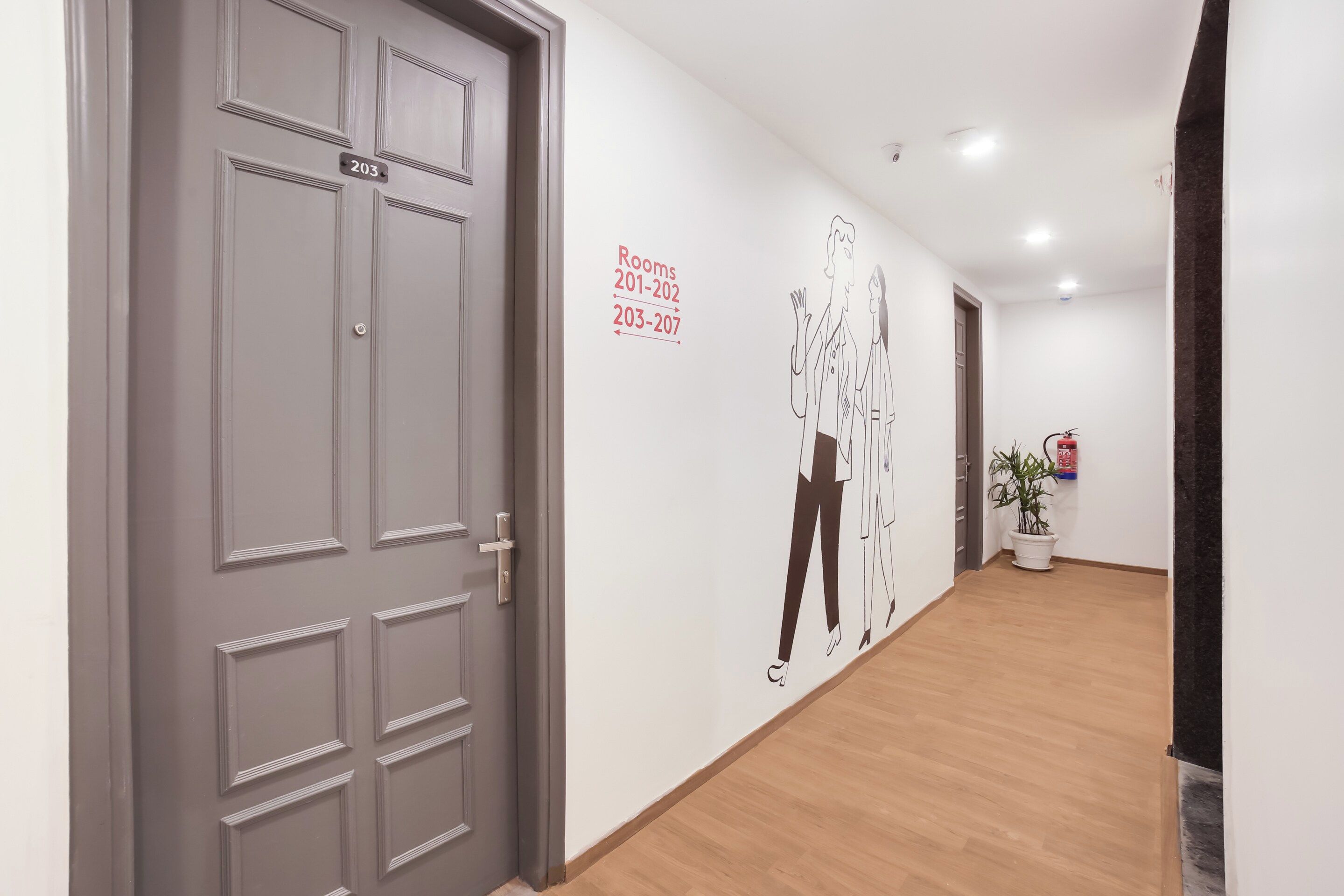 Un pasillo con una puerta gris marcada con el número 203, una pared con un letrero direccional para las habitaciones 201-202 y 203-207, y una planta en maceta cerca de una puerta.